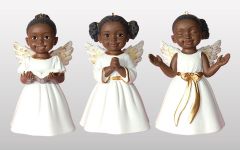 3 African American Cherub Ornaments in White Singing Praise, Prayer and Worship