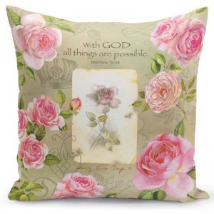 With God (Pink Roses) Pillow Cover
