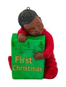African American Boy in Red Holding Green Present First Christmas Holiday Ornament