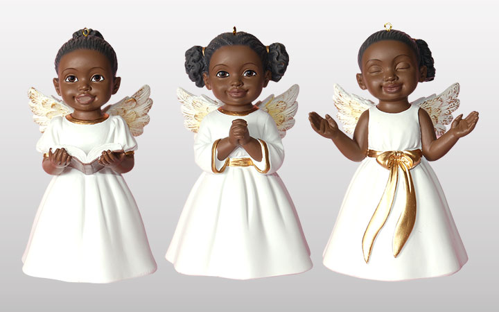 3 African American Cherub Ornaments in White Singing Praise, Prayer and Worship