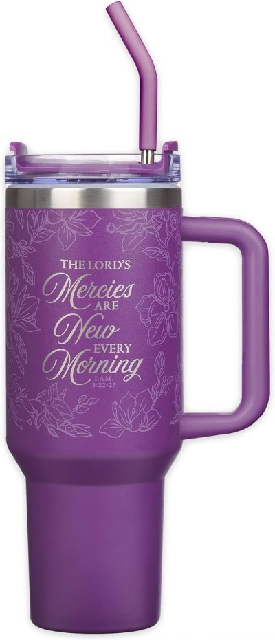 New Mercies Purple Floral 40 oz Stainless Steel Tumbler with Straw Lamentations 3 22 and 23