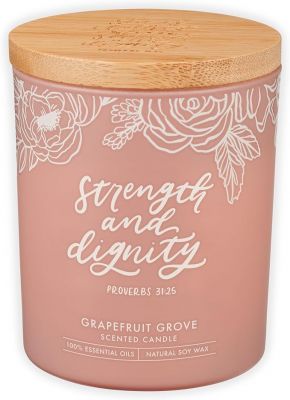 Strength and Dignity Grapefruit Scented Candle in a Peach Glass Jar Proverbs 31 25
