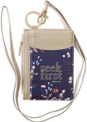 Seek First Taupe and Navy Faux Leather ID Card Holder  Matthew 6 33