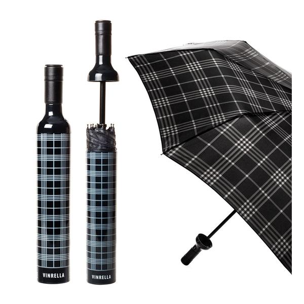 Vinrella Black and Gray Plaid Wine Bottle Umbrella
