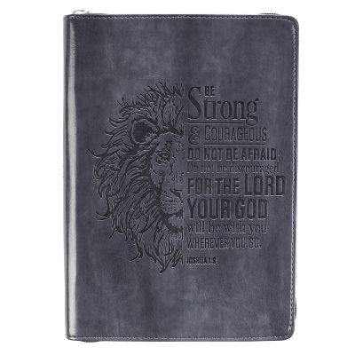 Lion Face Be Strong And Courageous Zippered Classic LuxLeather Journal Joshua 1:9