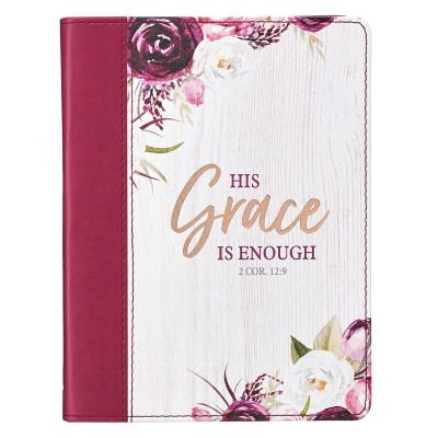 His Grace is Enough Plum Floral Faux Leather Journal 2 Corinthians 12:9