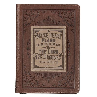 A Mans Heart Classic Faux Leather Zippered Journal in Brown Proverbs 16:9
