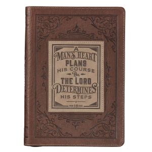 A Mans Heart Classic Faux Leather Zippered Journal in Brown Proverbs 16:9