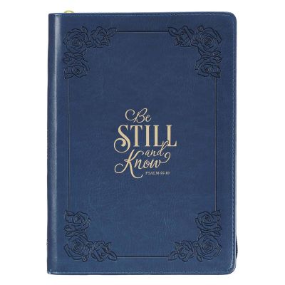 Be Still and Know Classic Faux Leather Zippered Journal in Navy Blue Psalm 46:10
