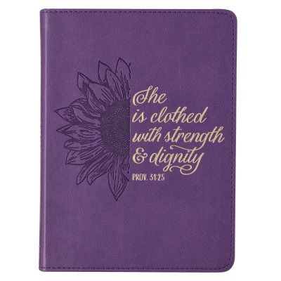 Strength and Dignity Purple Sunflower Faux Leather Journal Proverbs 31:25