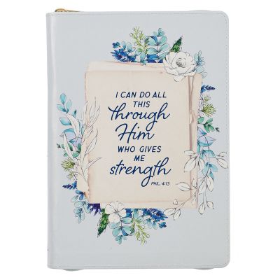 All Things Pale Blue Floral Faux Leather Classic Journal with Zipped Closure Philippians 4:13