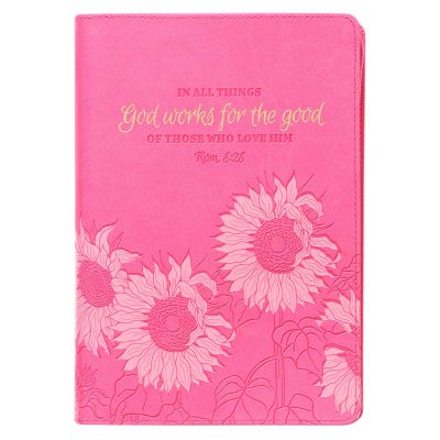 God Works For The Good Pink Sunflower Faux Leather Classic Journal with Zippered Closure Romans 8:28