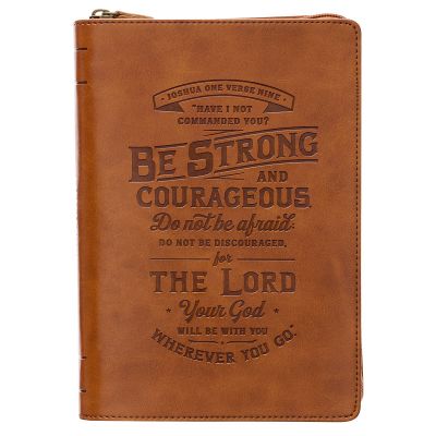 Be Strong Toffee Brown Faux Leather Classic Journal with Zippered Closure Joshua 1:9