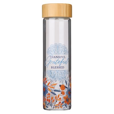 Thankful Grateful Blessed Glass Water Bottle with Bamboo Lid and Sleeve
