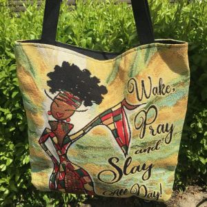 Wake Pray And Slay All Day Afrocentric Woven Tote Bag #2