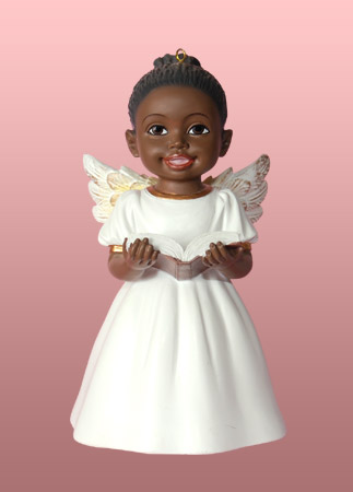 Arican American Angel Ornament in White Singing Praise