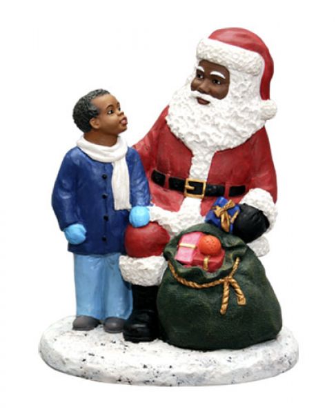 Black Santa Claus with African American Boy Figurine