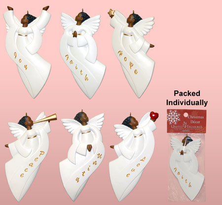 African American Flat Style Angel 2 Ornaments in White
