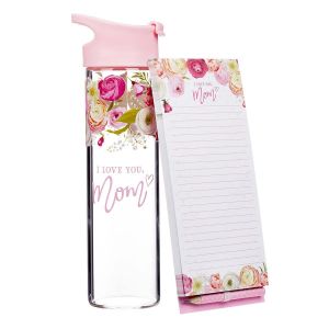 I Love You Mom Mother's Day Glass Water Bottle and Notepad