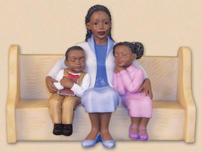 Mother Hugging Kids Church Pew African American Figurine