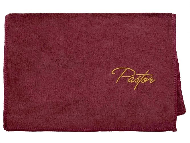 Burgundy Microfiber Towel with Pastor in Gold Lettering