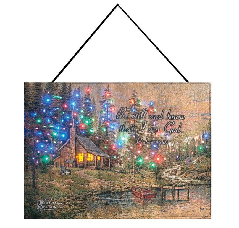 Peaceful Retreat Be Still and Know That I am God Christmas Fiber Optic Tapestry Wall Hanging by Thomas Kinkade