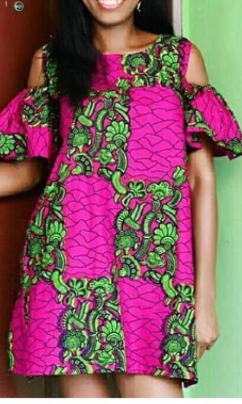 Pink and Green Cold  Shoulder Ankara Gown