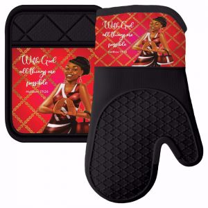 Red and White African American Women Pot Holder and Oven Mitt