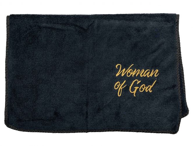 Woman of God Black with Gold Lettering Pastor Towel