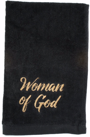 Woman of God Black with Gold Lettering Pastor Towel